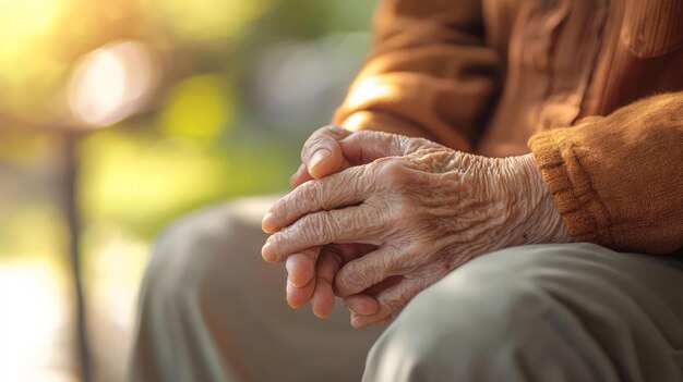 Close-up of elderly man's hands showing symptoms of Parkinson's disease.