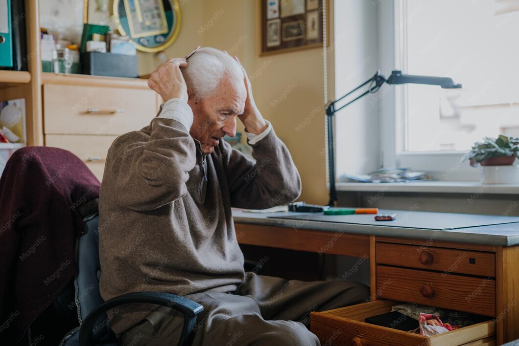 Older man at his desk holding his head, showing signs of hand tremor while working at home.