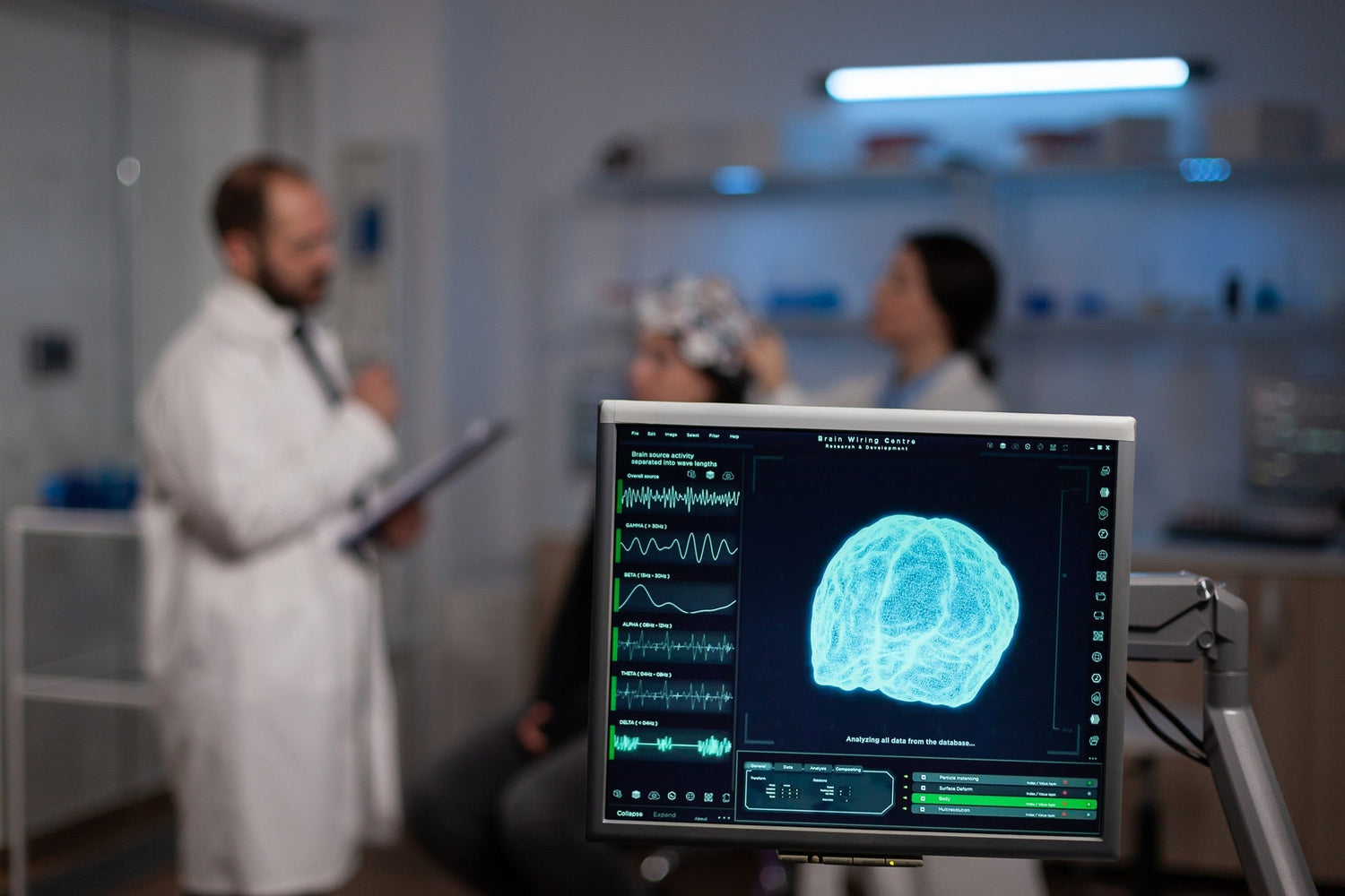 Neuroscience doctor explaining deep brain stimulation treatment to a patient wearing an EEG headset in a neurological laboratory.