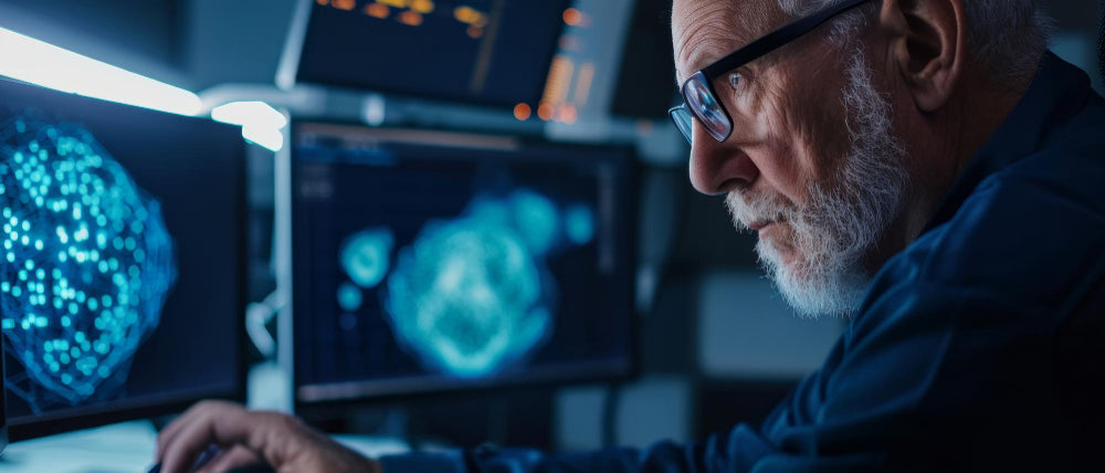 Senior scientist analyzing data on multiple computer screens in a high-tech lab.