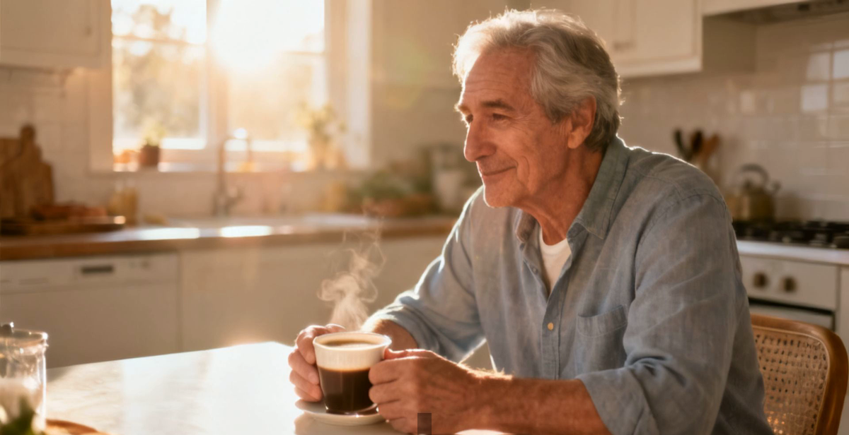 An older man sitting at a sunlit kitchen table, calmly holding a cup of coffee steady in both hands.