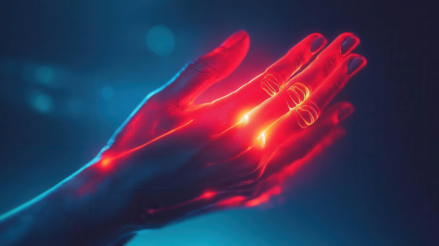  Hand providing relief through red light therapy for Parkinson's symptoms.